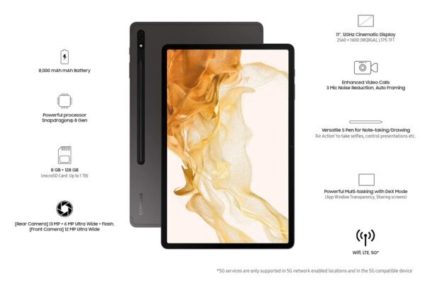 Samsung Galaxy Tab S8 | 27.81cm (11.0") LCD Display | 4nm Processor | 8,000 mAh Battery | Dolby Atmos Quad Speakers | Android 12.0 | 8GB+128GB | 12GB+256GB | Wi-Fi | 5G | S Pen Support | Graphite - Image 3